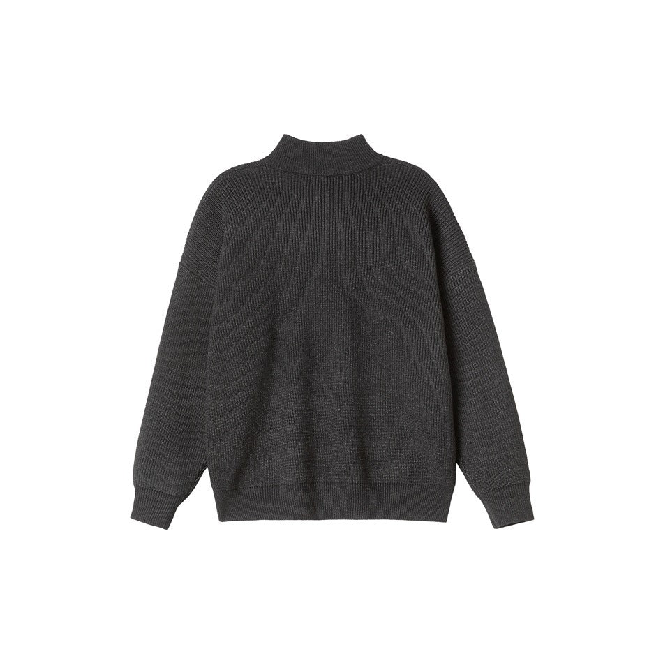 Back view of a dark charcoal rib-knit sweater with a high collar and long sleeves.