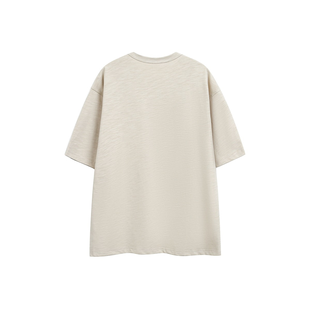 Plain beige short-sleeve T-shirt shown from the back on a white background.
