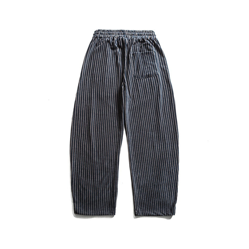 Back view of charcoal striped pants with an elastic waistband and one patch pocket.
