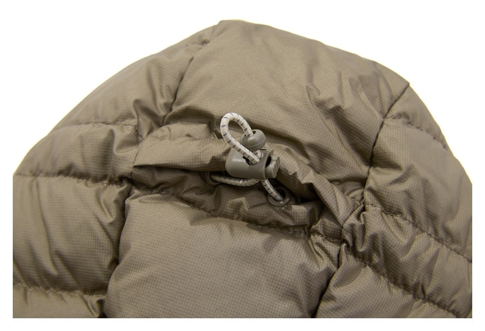 Close-up of the tan jacket hood with an elastic drawcord and plastic toggle.
