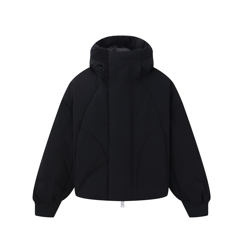 Black hooded short puffer jacket flat front view with zipped front, curved seams and ribbed cuffs