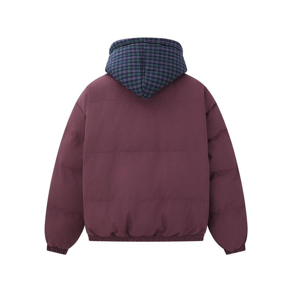 Back view of a burgundy hooded jacket with a dark green and navy plaid hood lining, elastic cuffs, and hem.