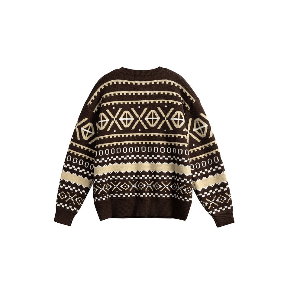 Back view of brown jacquard crew-neck sweater with beige and white geometric Fair Isle-style pattern