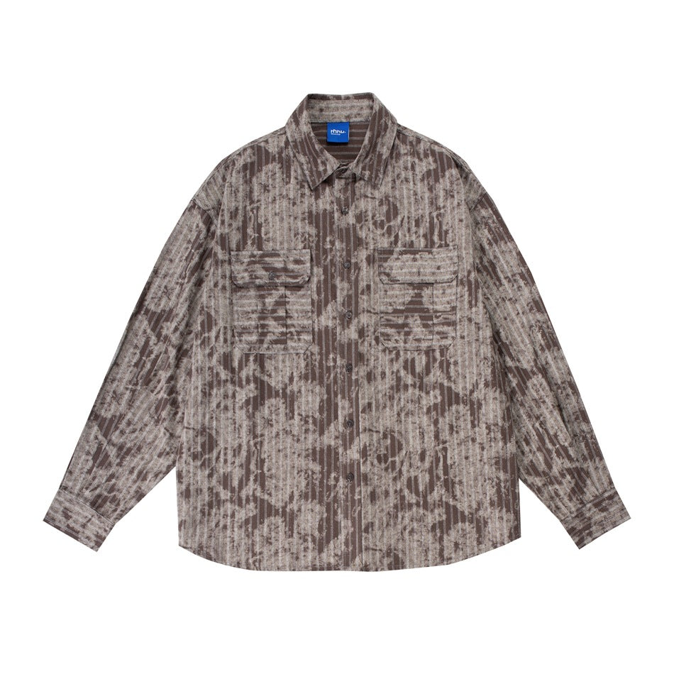 Brown and beige striped button-up shirt with tie-dye-style pattern, two flap chest pockets, flat lay front view