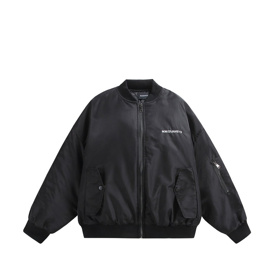 Front view of a black zip-front bomber jacket with ribbed collar, cuffs and hem, flap pockets and a sleeve zip pocket.
