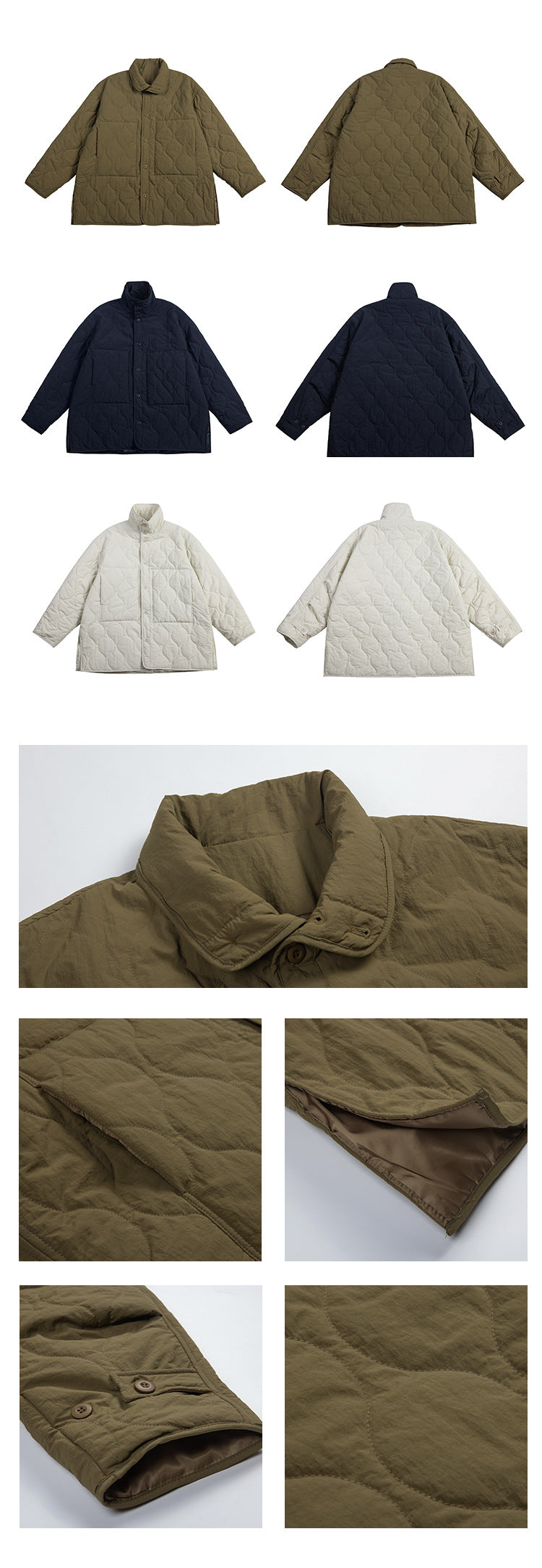 Quilted button-front jacket shown in olive, navy, and ivory, with front and back views plus close-up details.