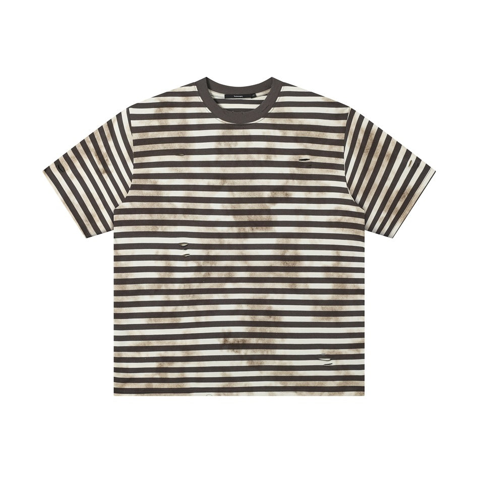 Brown and cream striped short-sleeve crew-neck T-shirt with smudged weathered effect and small holes, front flat lay