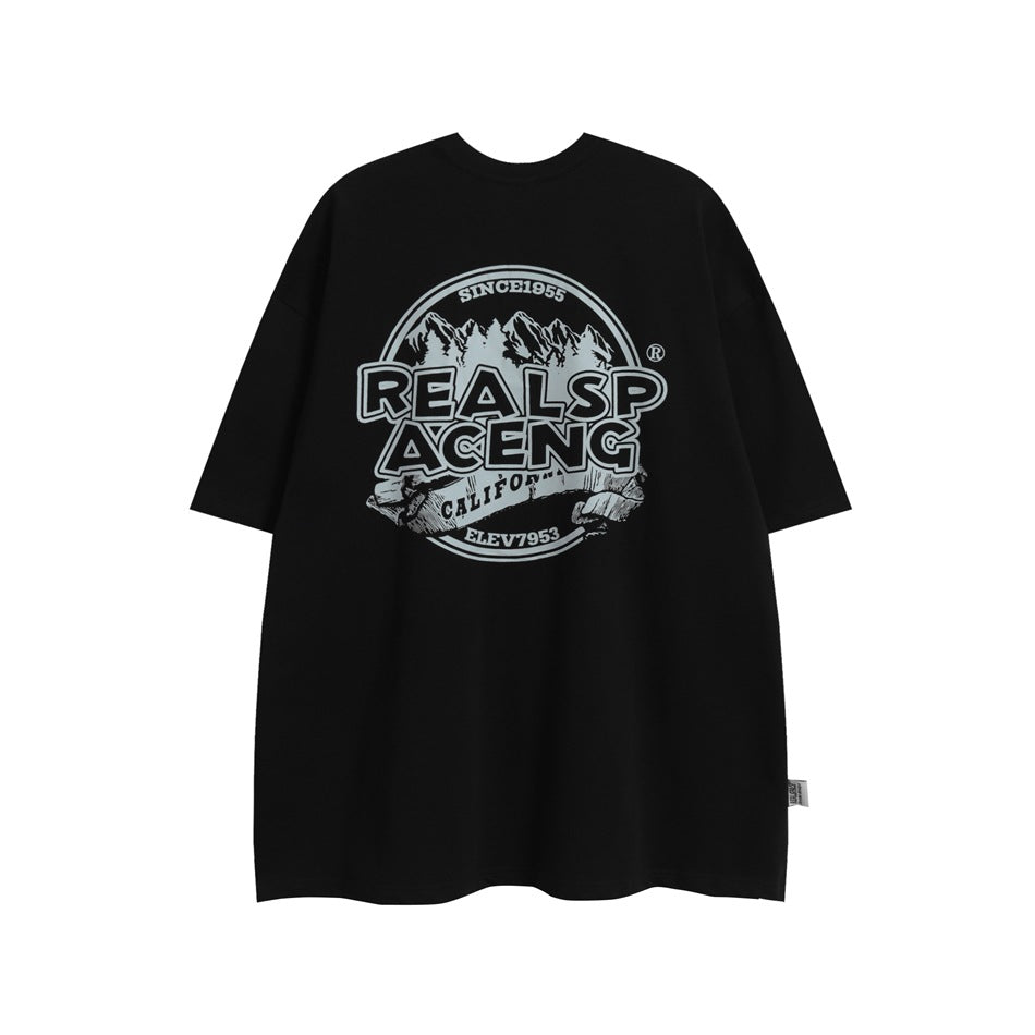 Black short-sleeve T-shirt back view with light gray mountain emblem and lettering graphic