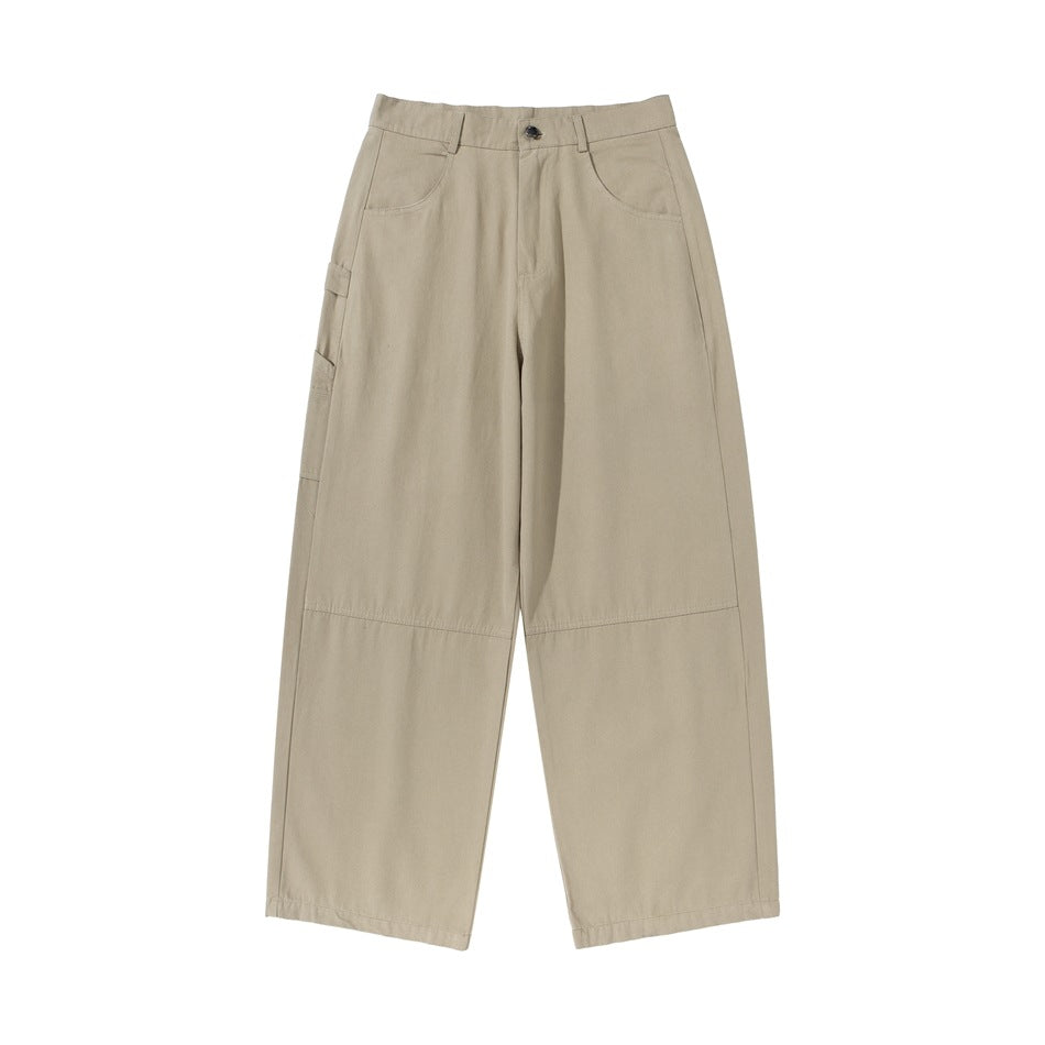 Khaki wide-leg work pants, front flat lay with button waist, slanted pockets and knee seams