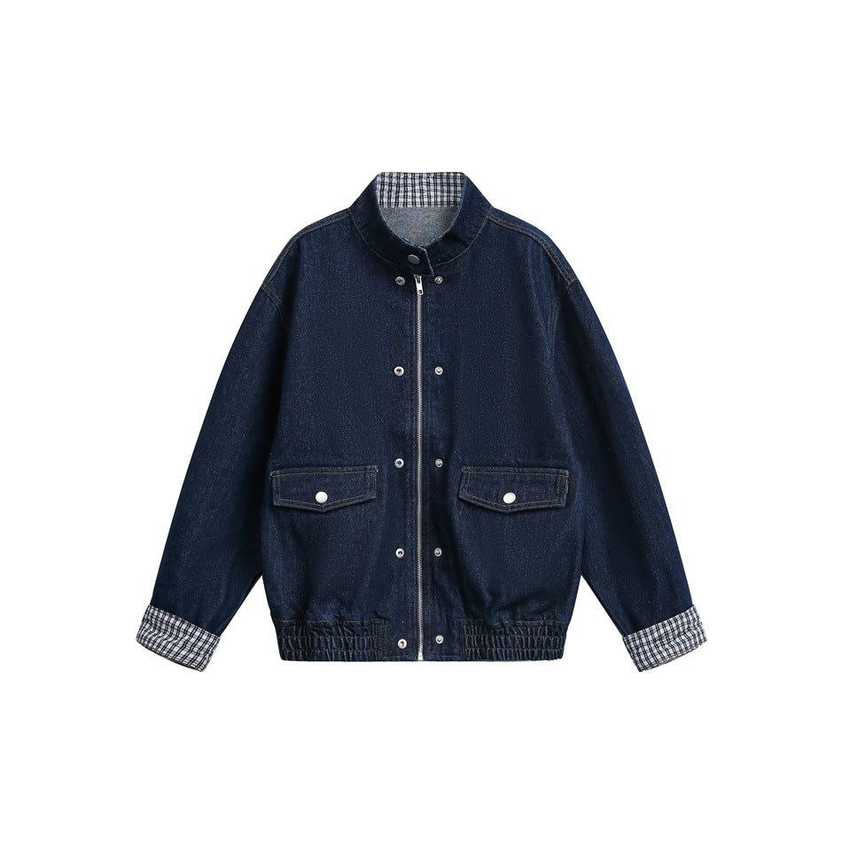 Dark blue denim-look jacket with stand collar, front zipper, snap buttons, flap pockets and gingham check cuffs, flat front
