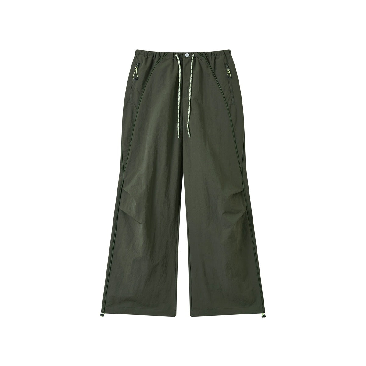 Olive green wide-leg pants with contrast drawcord, curved piping, zip pockets and hem toggles, front flat lay