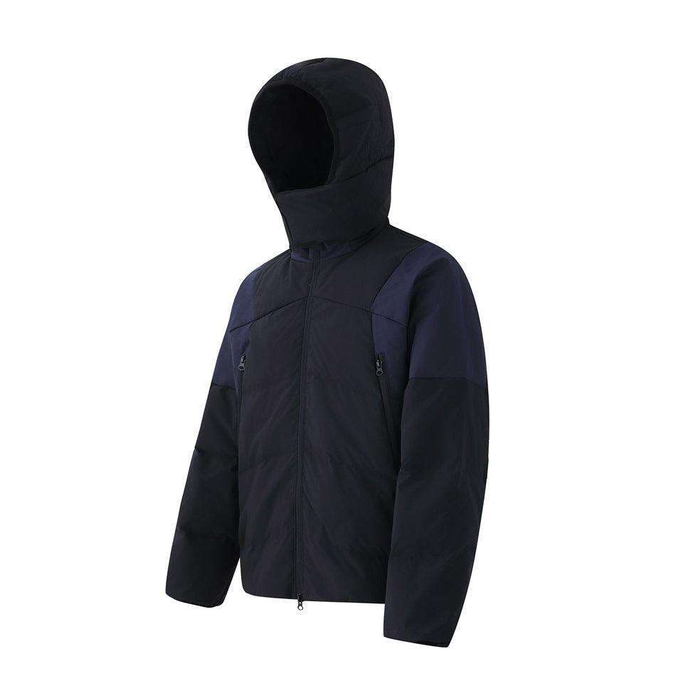Black hooded puffer jacket with navy shoulder panels, front zipper and zippered pockets, three-quarter view