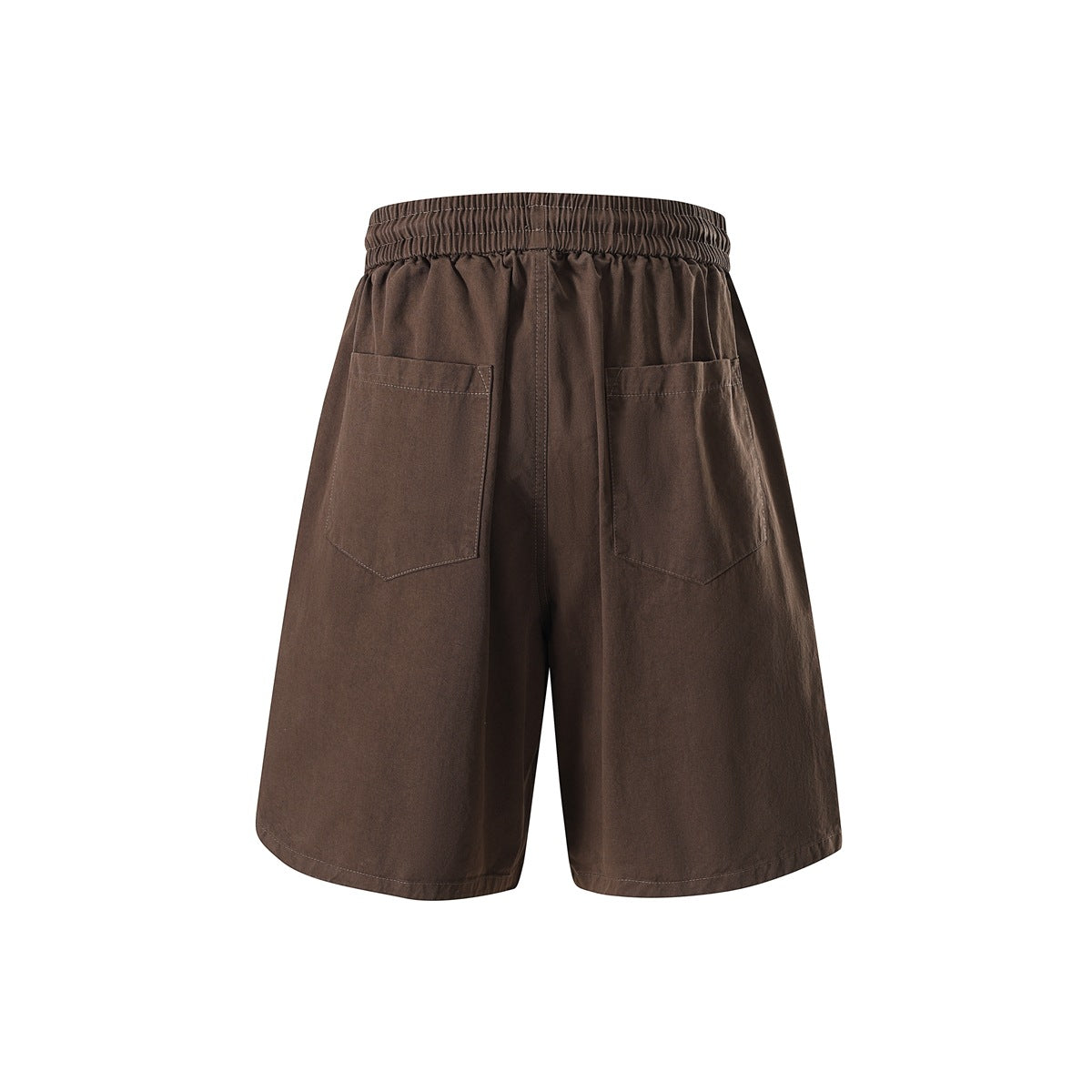 Back view of brown wide-leg shorts with a gathered elastic waistband and two rear patch pockets.