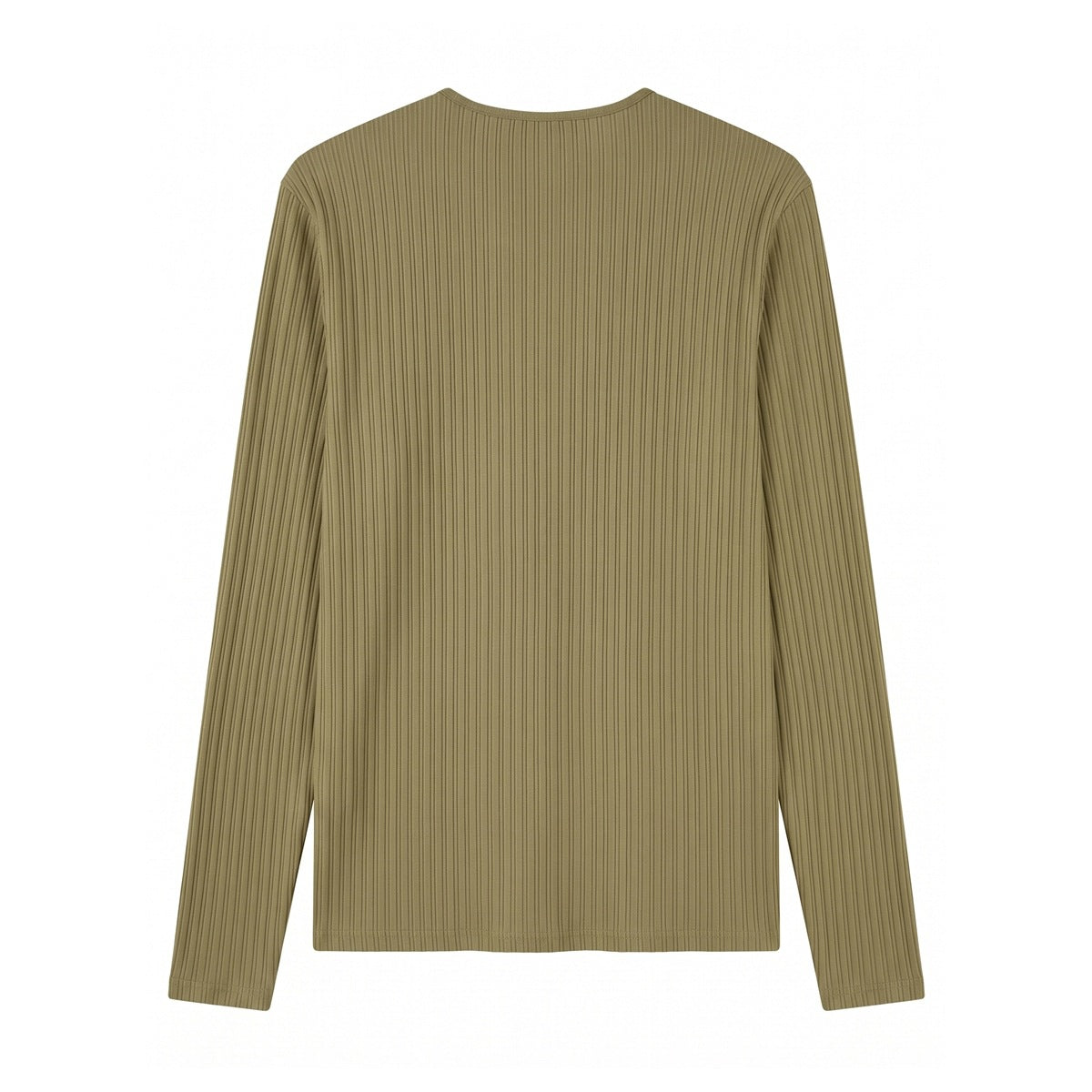 Back view of an olive long-sleeve ribbed shirt, laid flat on a white background.