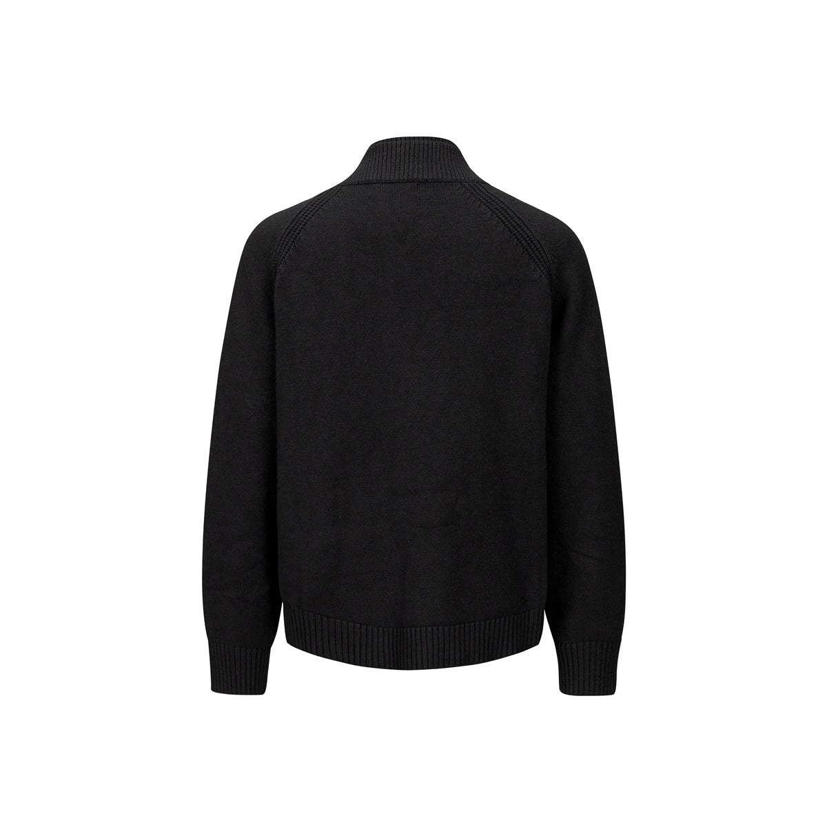 Back view of a black knit cardigan with a ribbed stand collar, cuffs, and hem.