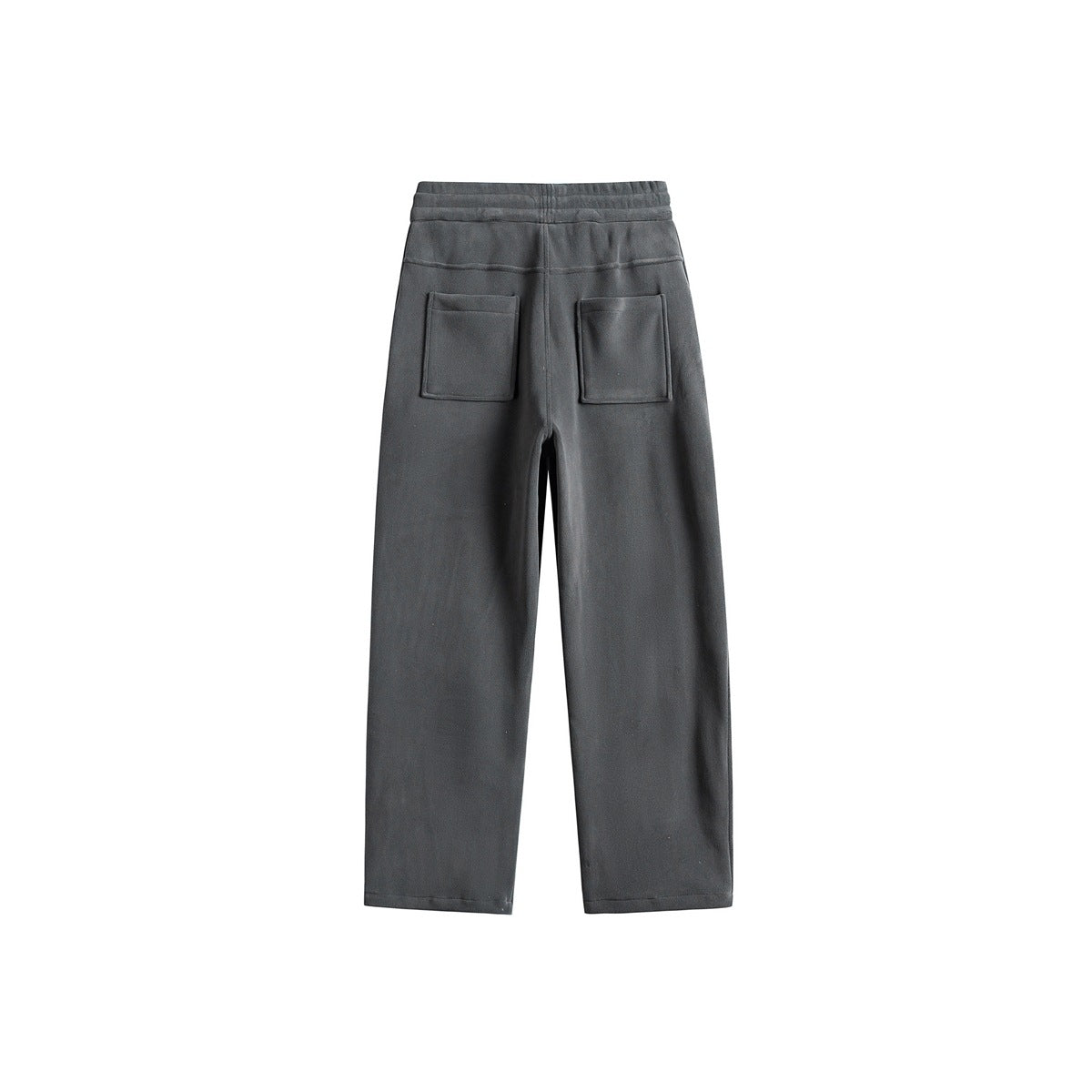 Rear view of charcoal-gray straight-leg pants with an elastic waistband and two square back patch pockets.