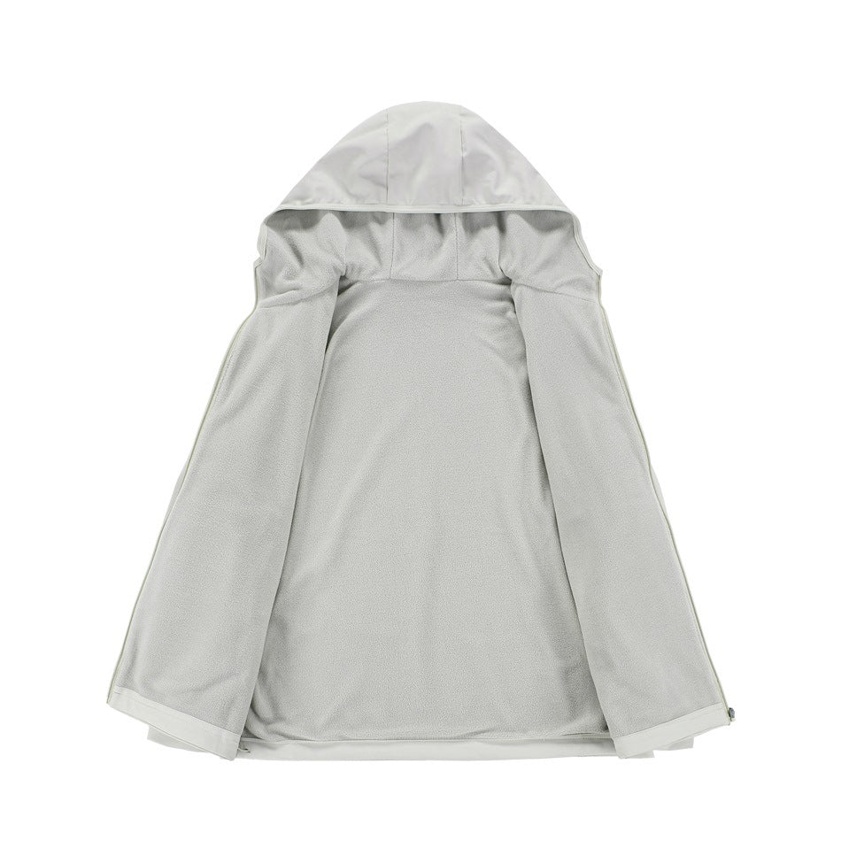 Light gray hooded jacket spread open flat to show its interior and hood.