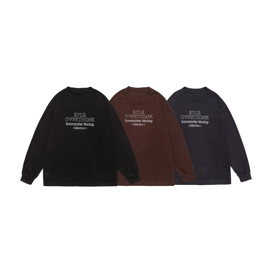 Three crewnecks shown together in black, brown, and navy, each with white lettering across the chest.