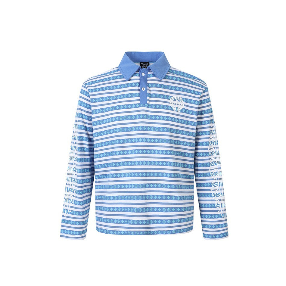 Blue and white striped long-sleeve polo shirt with blue collar, two buttons, chest emblem and sleeve prints, front view