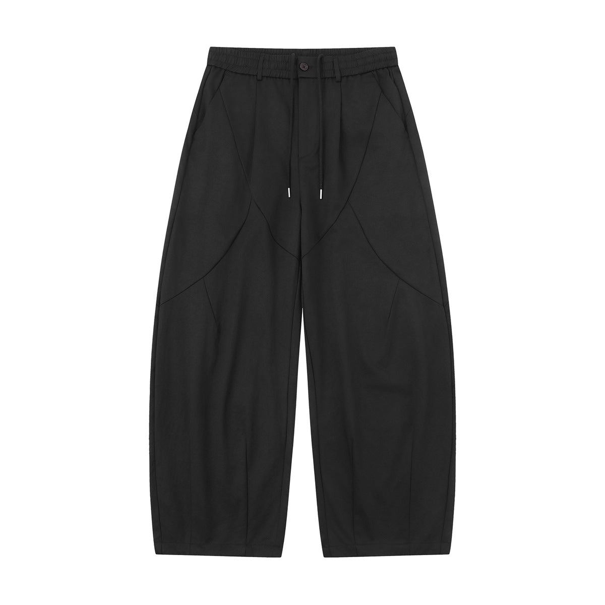Black wide-leg pants with elastic drawstring waist and curved seam paneling, flat front view