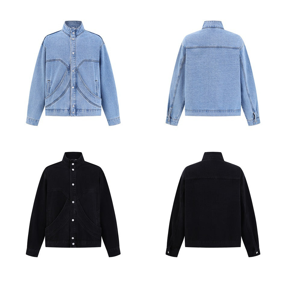 Front and back flat views of the light blue and black denim jackets, showing the stand collar, snap buttons and back yoke