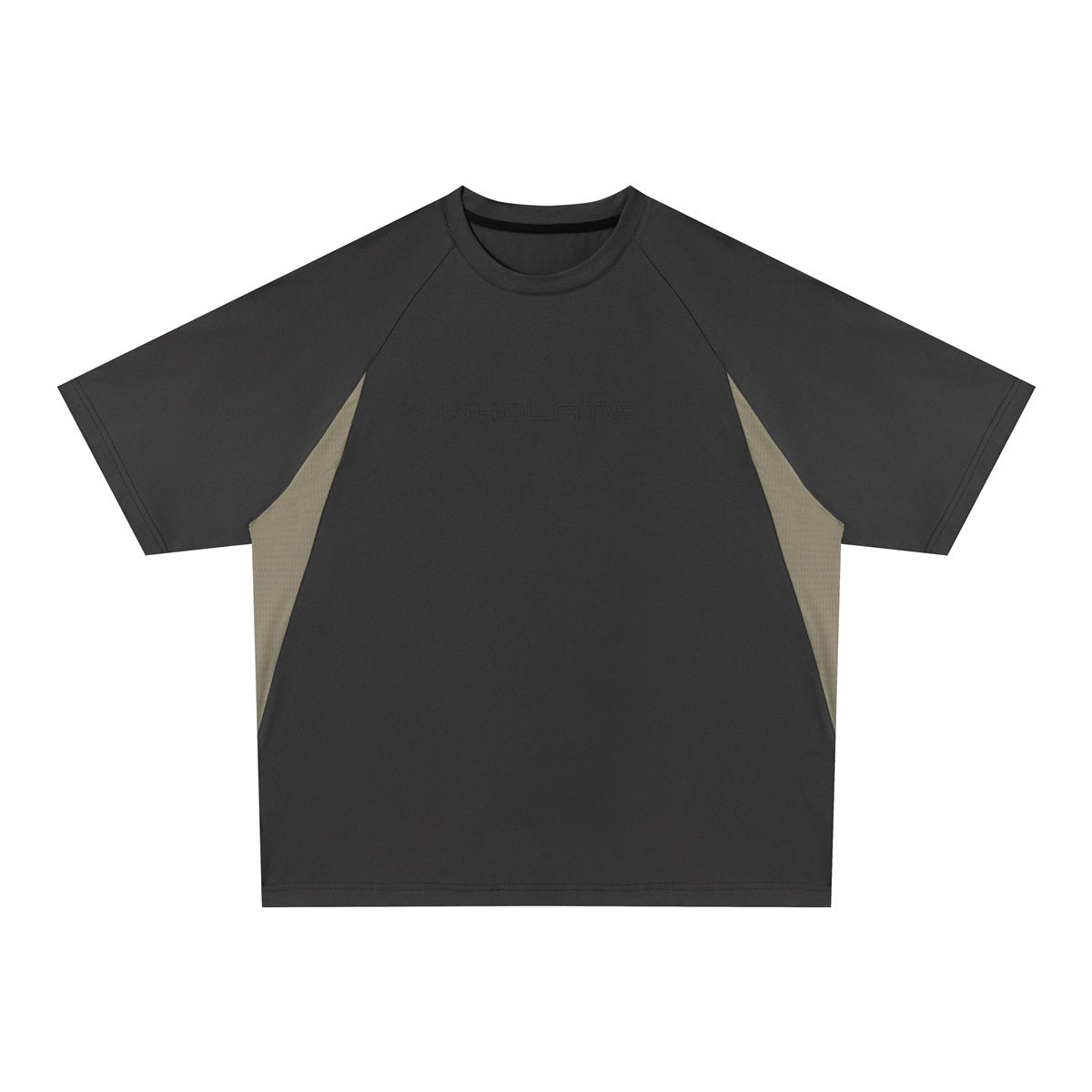 Dark gray raglan T-shirt with khaki mesh-textured side panels and black inner neck tape, flat front view