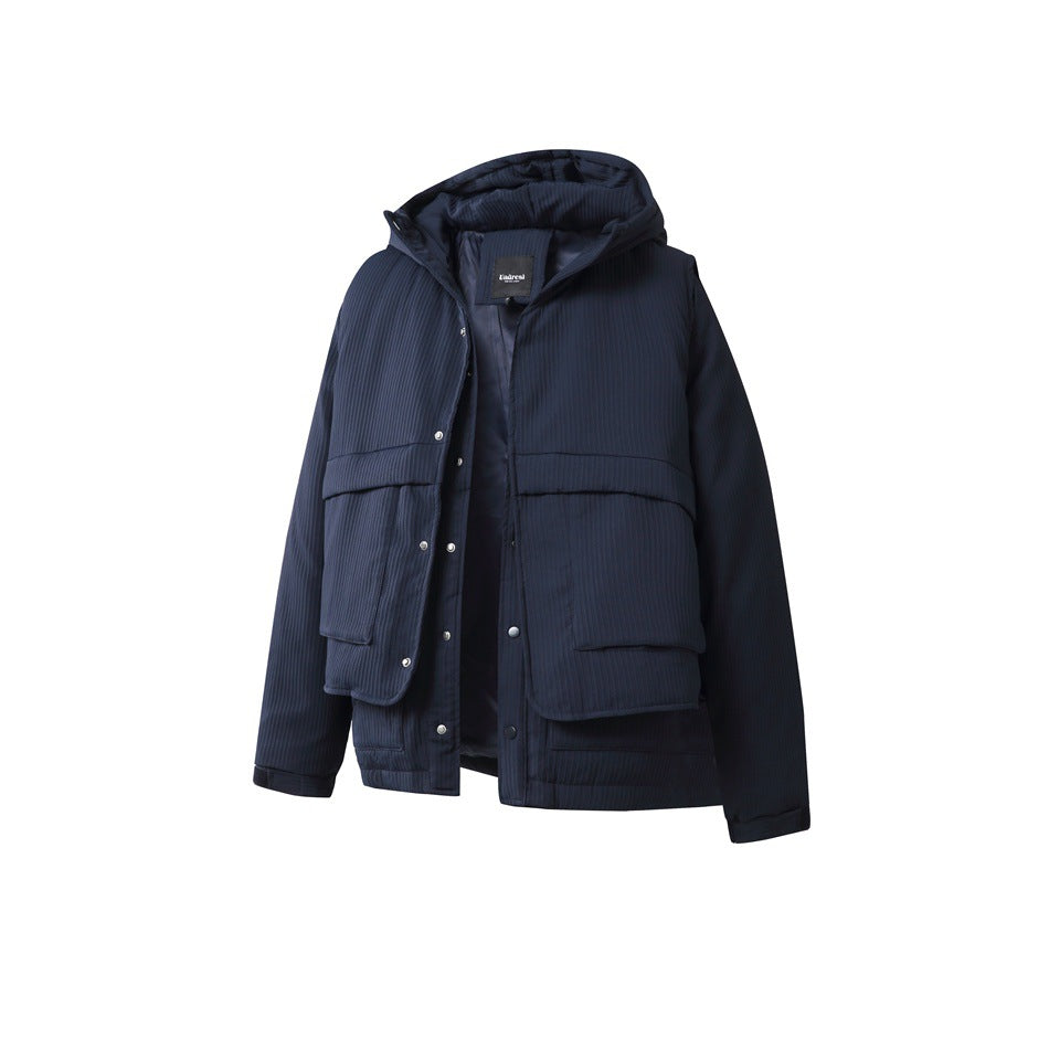 Navy hooded jacket shown from the front with a snap placket, large patch pockets, and pleated texture.