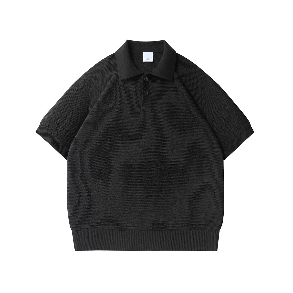 Black short-sleeve knit polo with textured knit, two buttons and ribbed cuffs and hem, flat front view