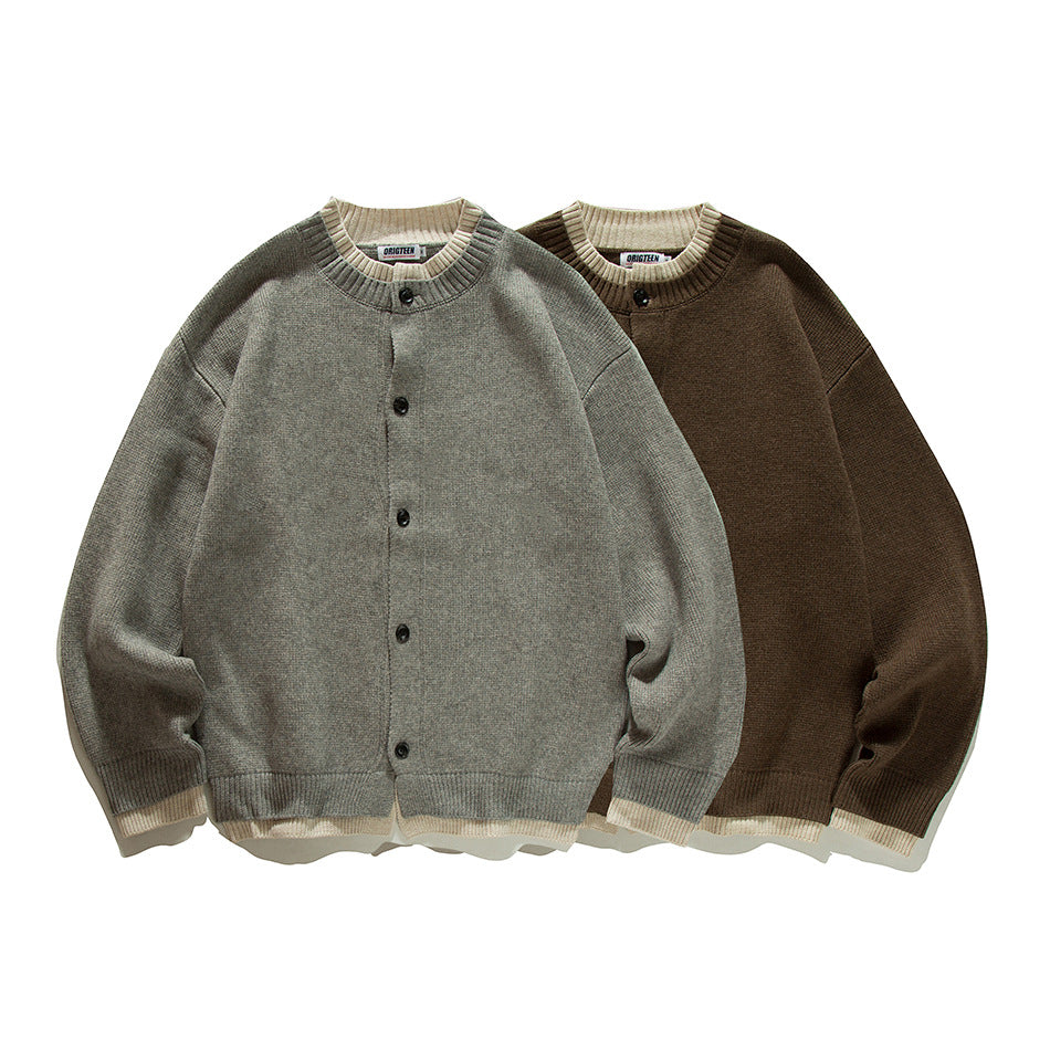 Two button-front knit cardigans shown together: one gray and one dark brown, both with cream trim.