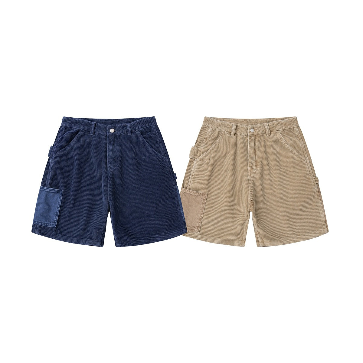 Front view of navy and tan corduroy utility shorts with angled pockets and side patch pockets.