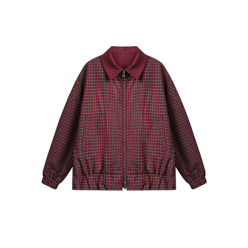 Front view of a red-and-black plaid jacket with a burgundy collar, zip closure, gathered hem, and cuffs.