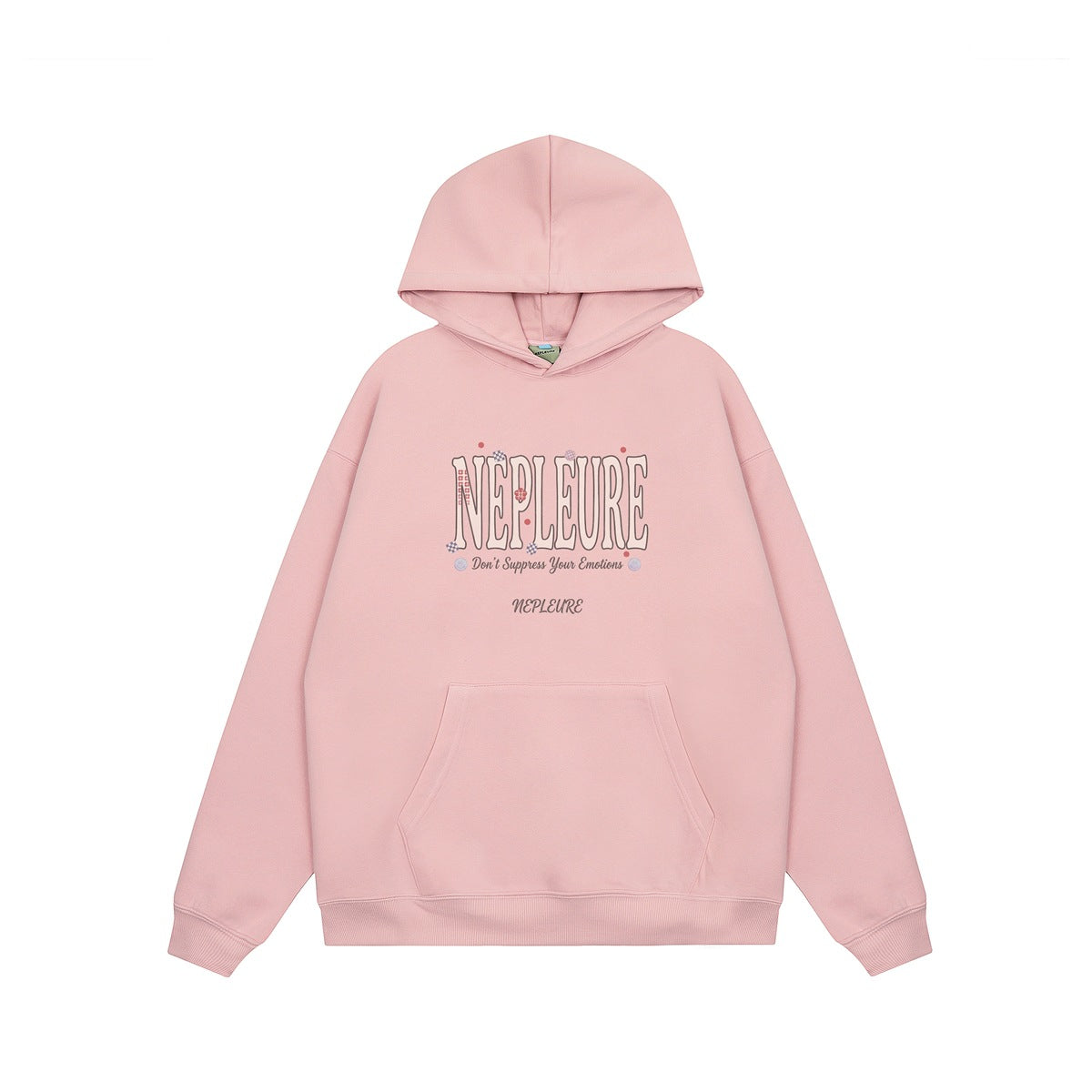 Pink pullover hoodie flat lay with hood, front pocket, ribbed cuffs and a NEPLEURE chest graphic print