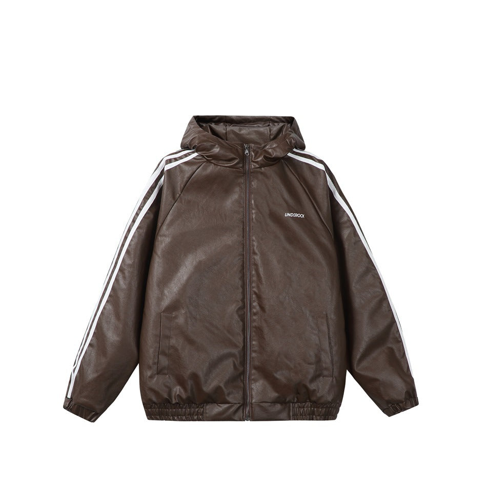 Brown hooded zip-front leather-look jacket with white sleeve stripes, front pockets and elastic cuffs and hem, flat lay