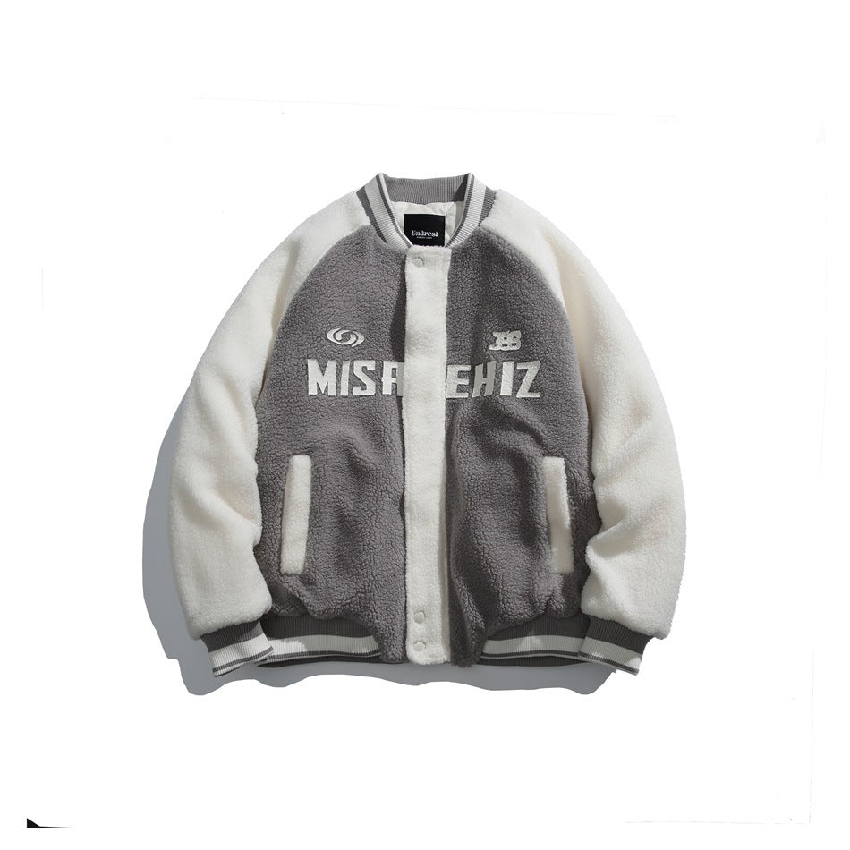 Gray and cream fleece-texture baseball jacket with striped ribbed trim, snap front and embroidered chest lettering