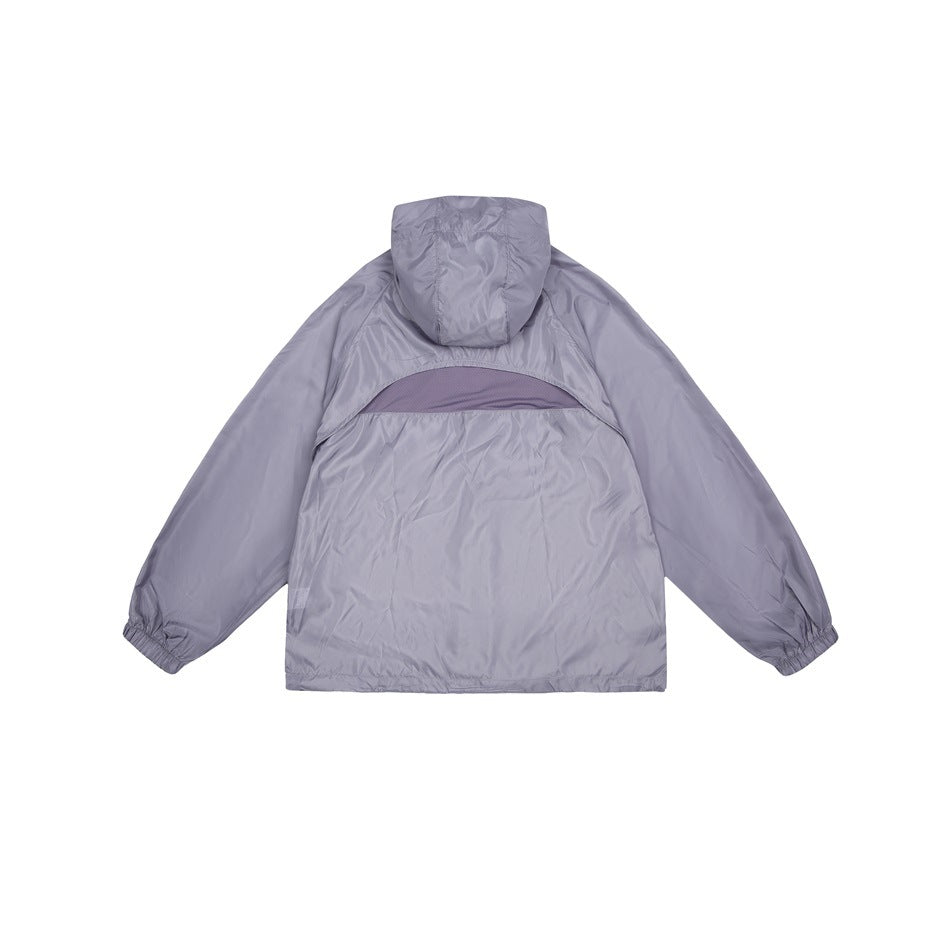 Back view of a lavender-gray hooded jacket with elastic cuffs and a curved mesh ventilation panel across the upper back.
