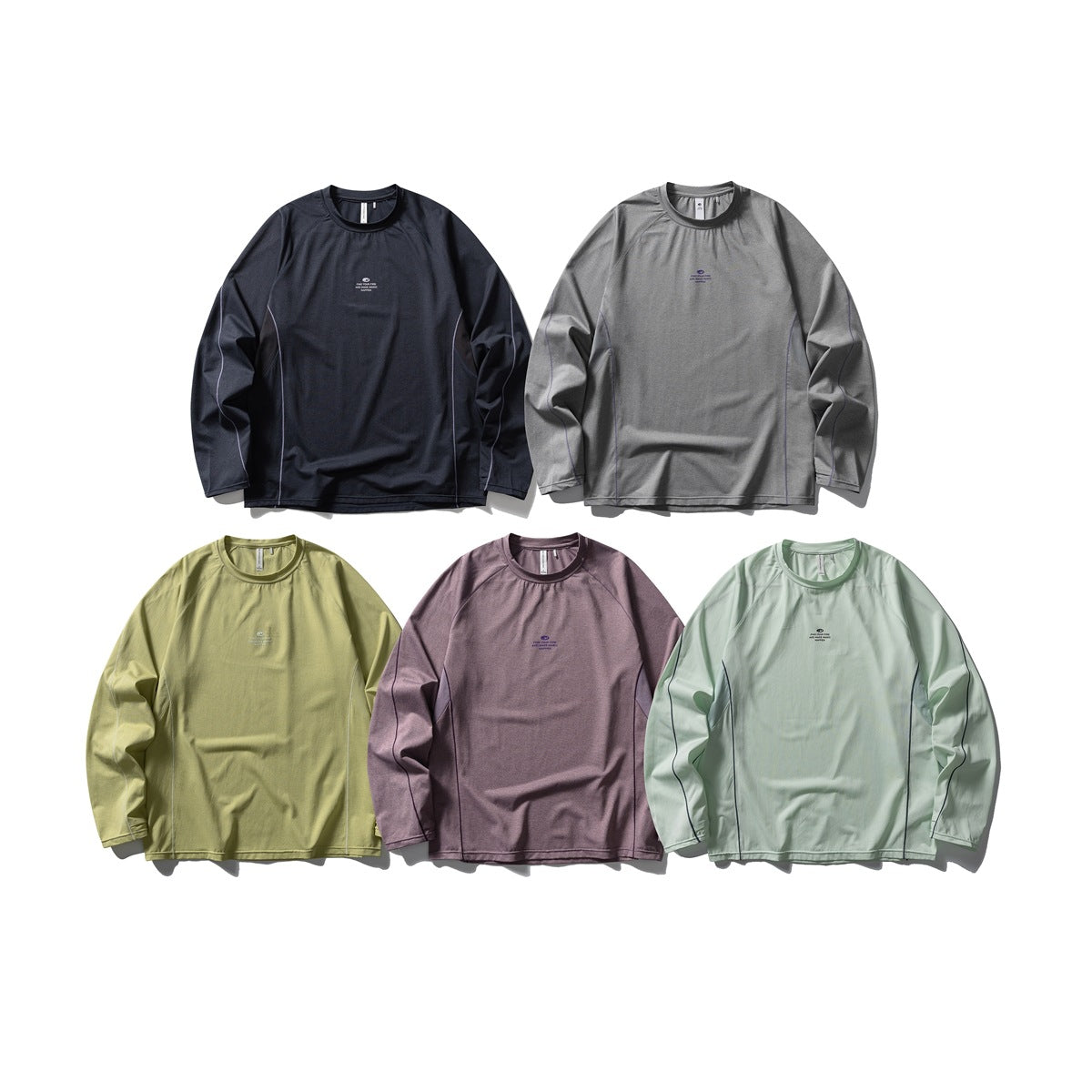 Five flat-laid long-sleeve crewneck tops in navy, gray, olive, mauve, and pale mint, shown from the front.