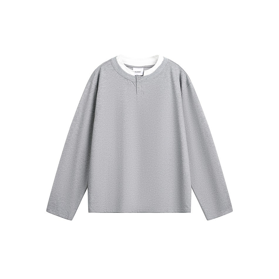 Heathered gray long-sleeve henley top with white layered collar and two snap buttons, flat front view