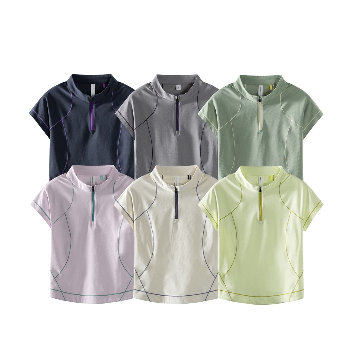 Six short-sleeve quarter-zip tops shown in navy, gray, sage, pale pink, cream, and light yellow-green.