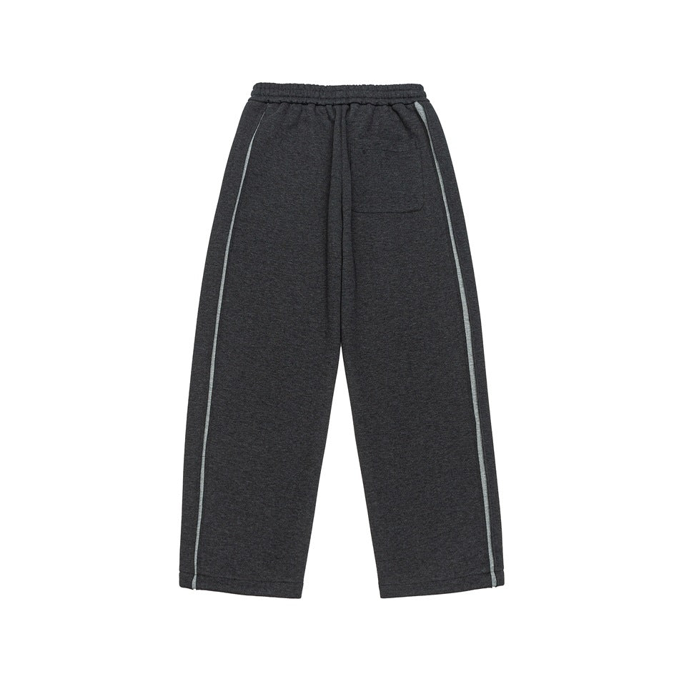 Front flat lay of charcoal wide-leg sweatpants with an elastic drawstring waist, side seams, and a back pocket.