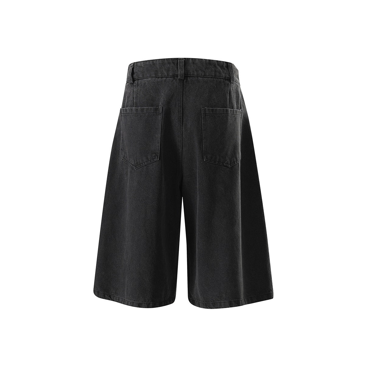 Back view of black washed denim-look knee-length shorts with two patch pockets and belt loops