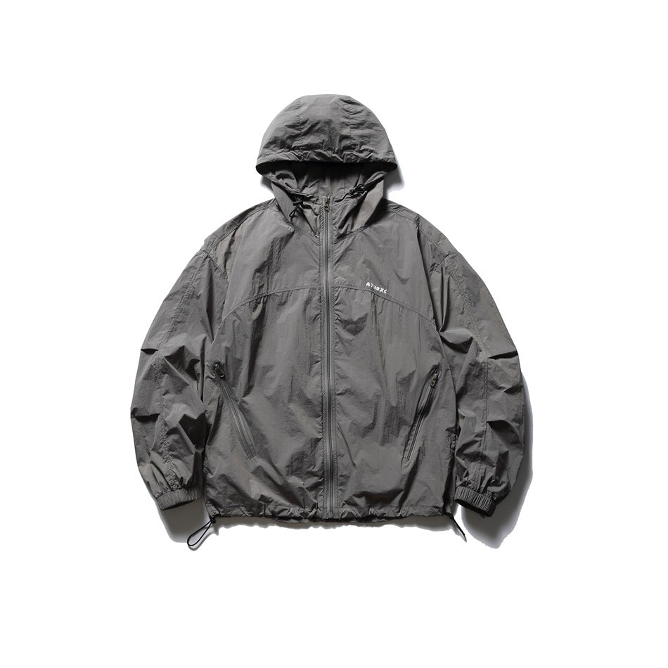 Dark gray hooded zip-up jacket with crinkled finish, diagonal zip pockets and drawcord hem, flat front view