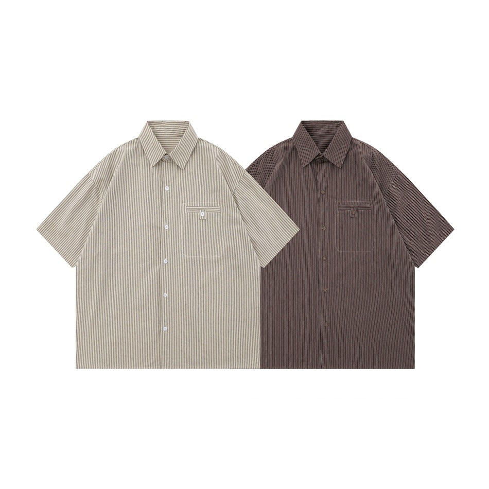 Two striped short-sleeve button-up shirts shown from the front, one beige and one dark brown.