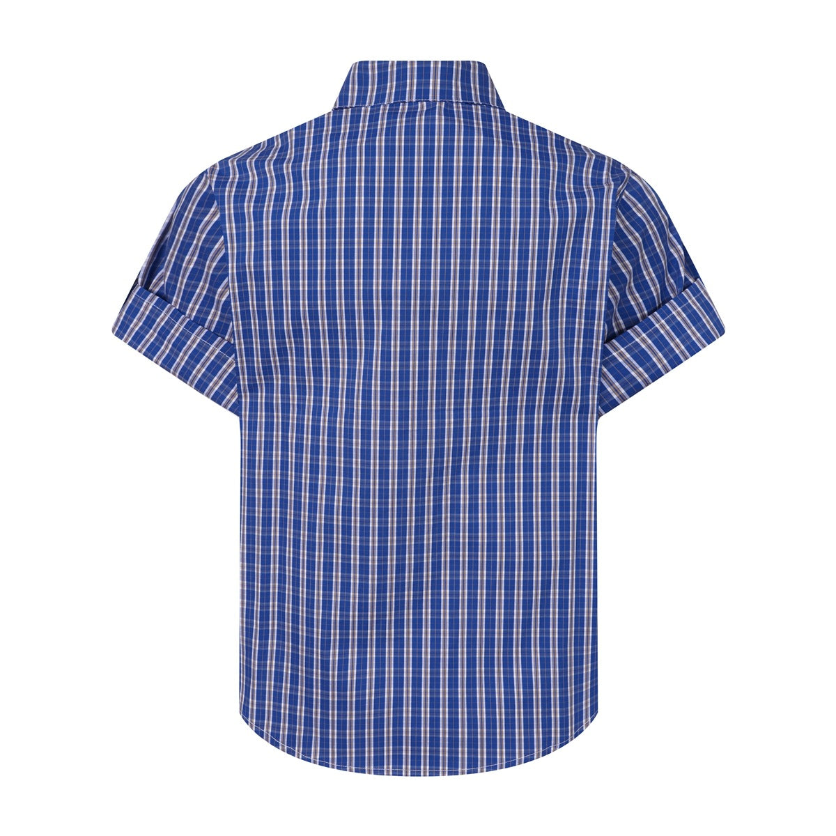 Back view of a blue plaid short-sleeve button-up shirt with turned-up cuffs.