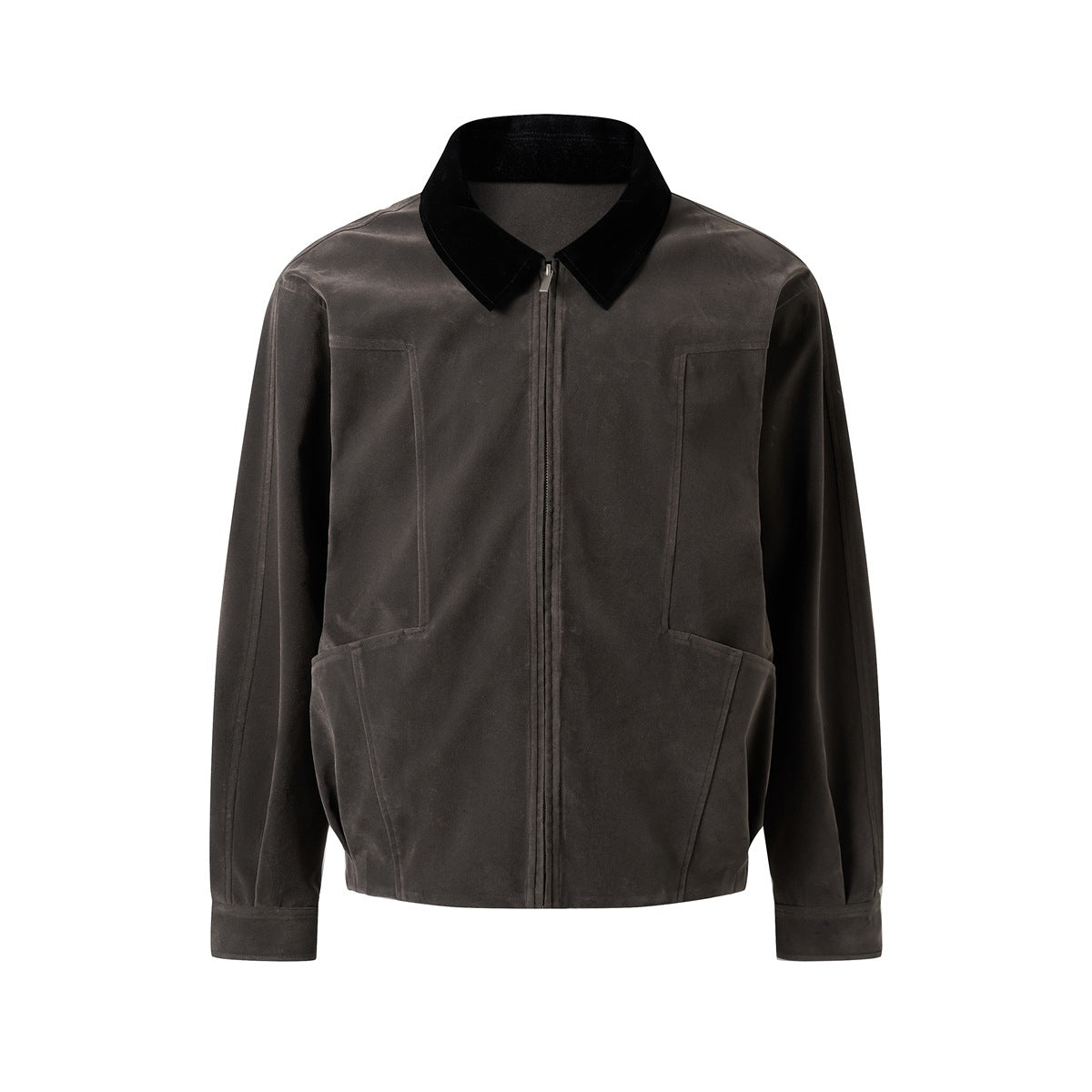 Brown-gray zip-front jacket with black contrast collar, flat front view with angled pockets and button cuffs