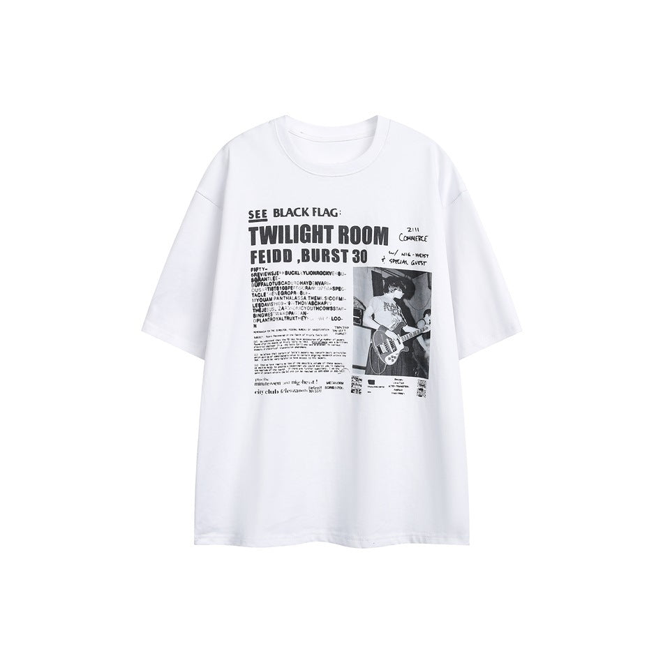 White short-sleeve crew-neck T-shirt with black newspaper-style guitarist graphic print on the front