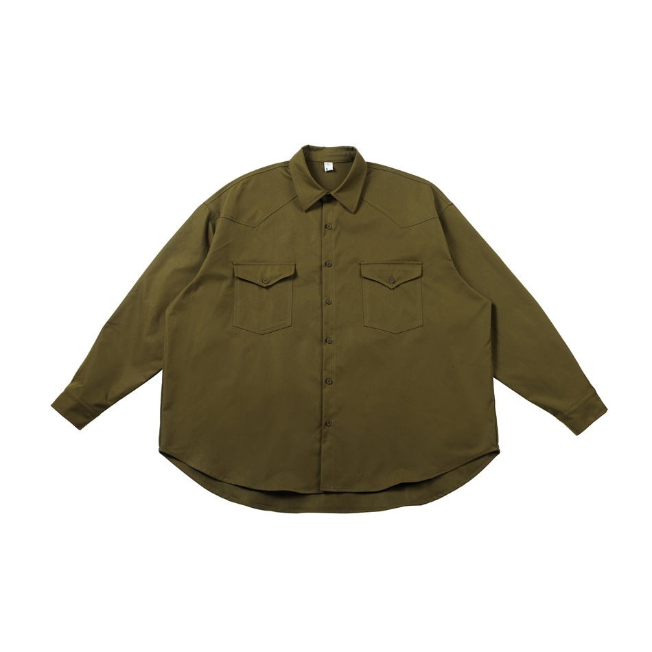 Olive green long-sleeve button-front shirt with two flap chest pockets and curved hem, laid flat