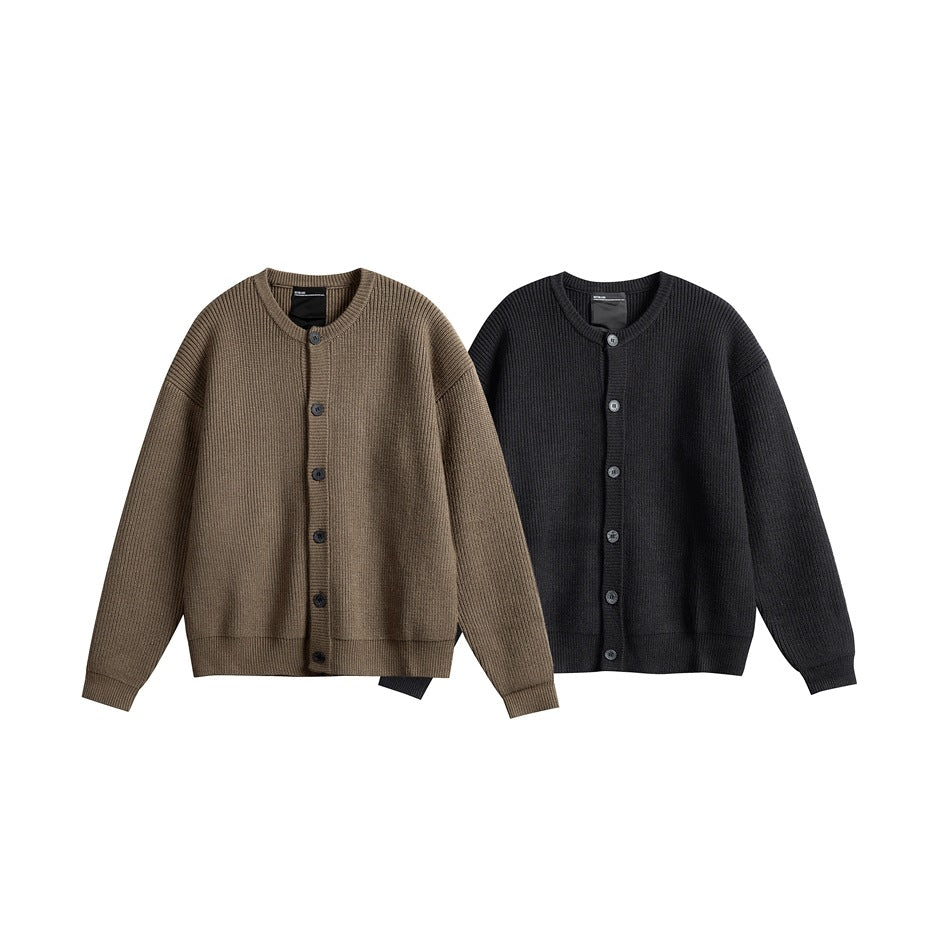 Two ribbed button-front cardigans shown from the front in taupe brown and charcoal black.