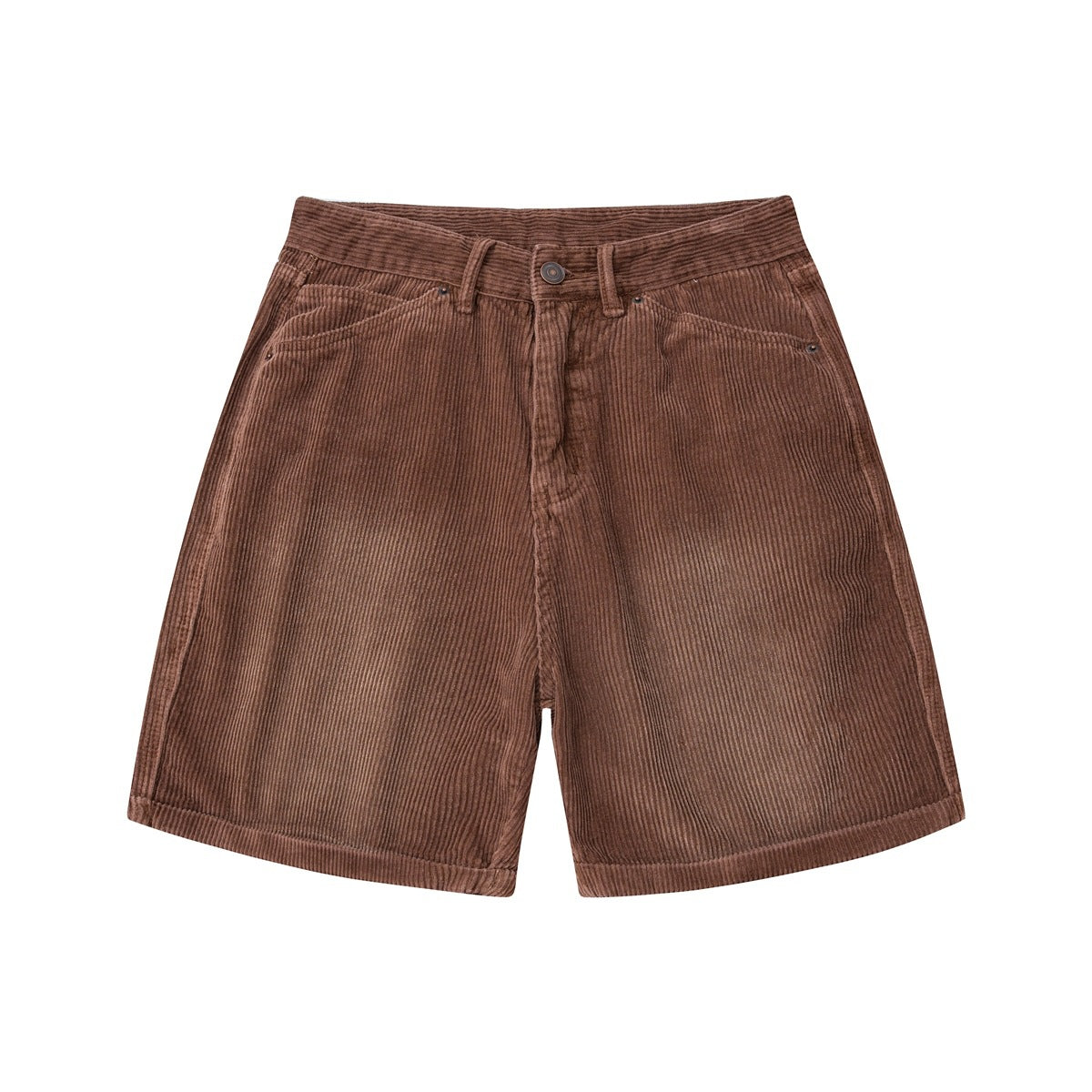 Brown washed wide-rib corduroy shorts, flat front view with button waist, belt loops and front pockets
