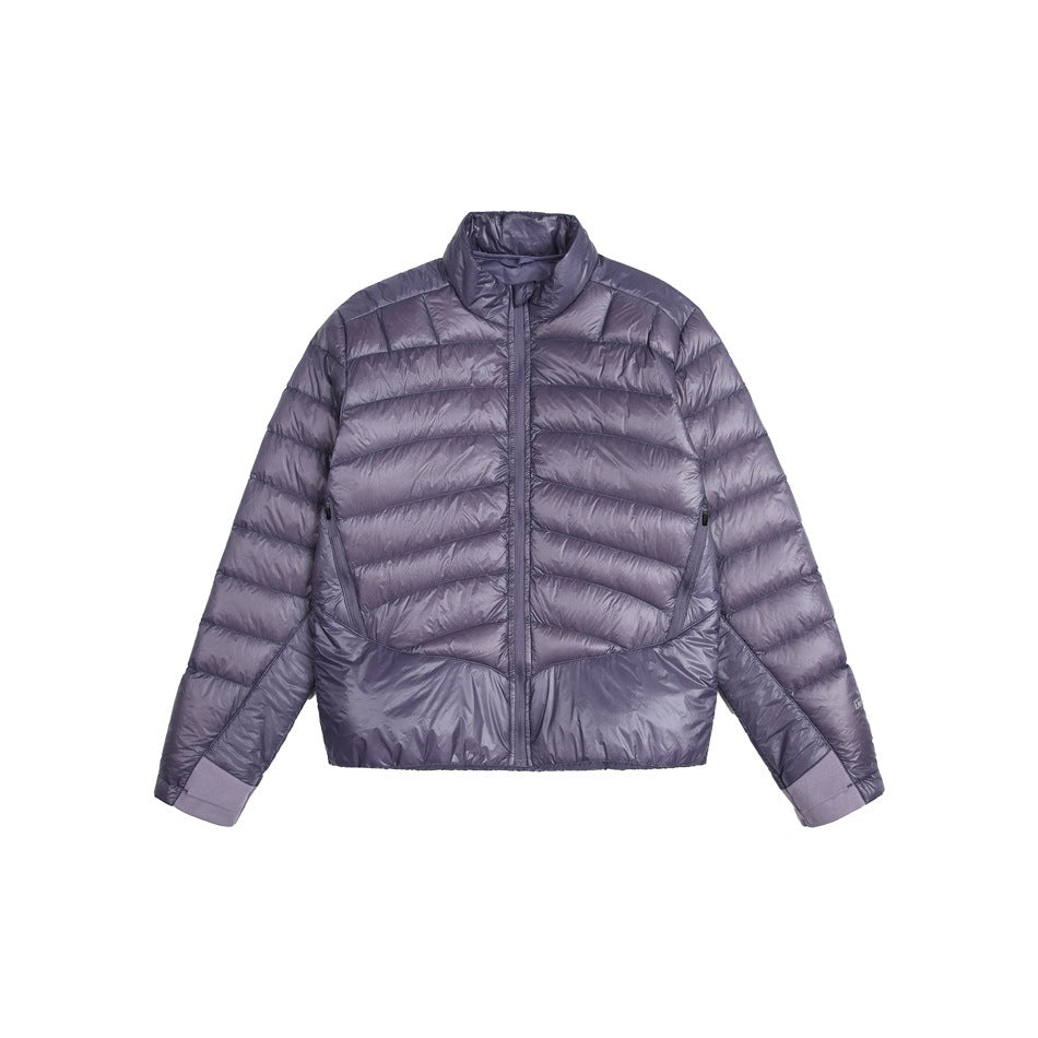 Dark purple quilted stand-collar zip jacket, flat front view on white background