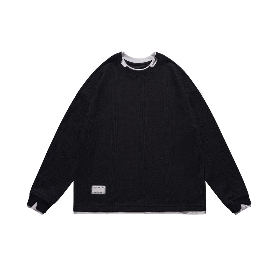 Black textured crew-neck sweatshirt with white layered collar, hem and cuffs, flat front view